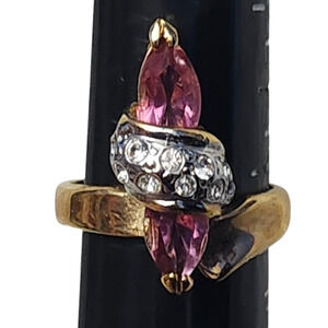 18k GE Pink Rhinestone Crystal Pave Marquise Navette Ring Size 6